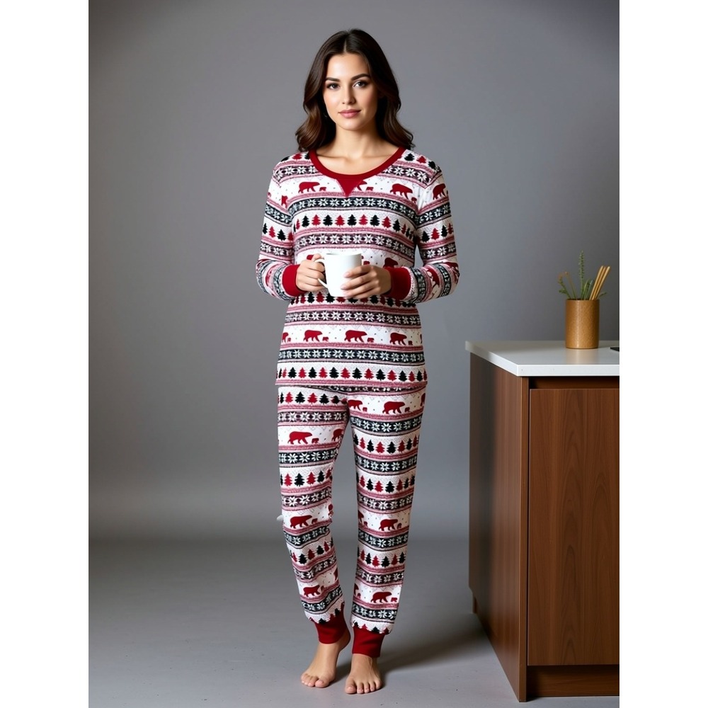 Wondershop Womens Pajama Set Medium Red Polar Bear Fair Isle Cotton Christmas
